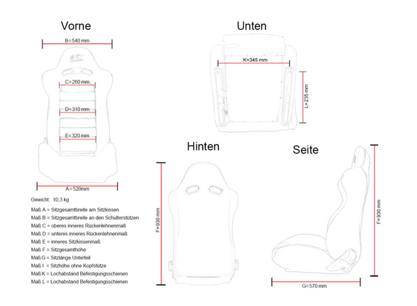 FK Paar Universal-Sportsitze mit verstellbarer/klappbarer Sitzschale – graue und schwarze Nähte