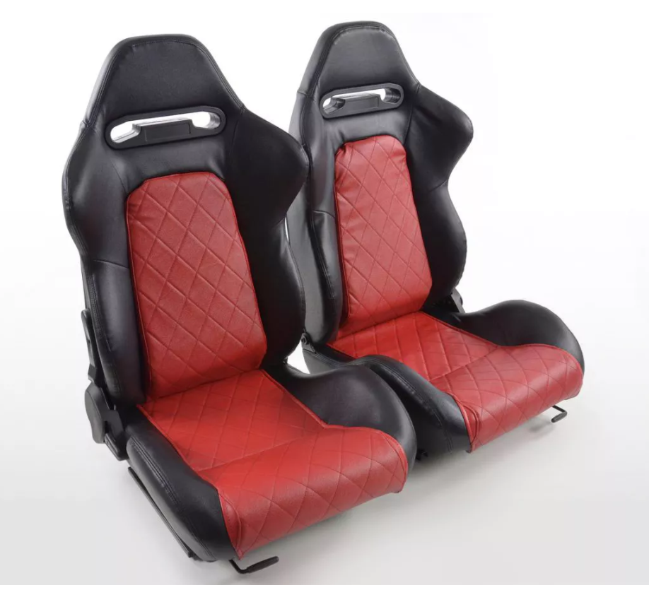 FK Universal Reclining Bucket Sports Seats Luxury Quilted Red Synth Leather