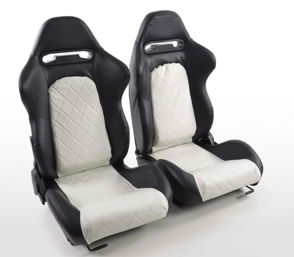 FK Universal Reclining Bucket Sports Seats Luxury Quilted White Synth Leather