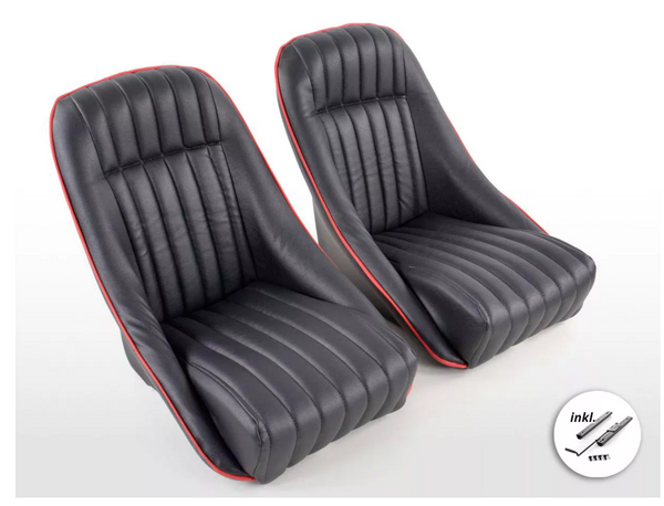 FK Pair Black Red Piping Classic Car Retro Speedster Car Bucket Seats & Rails