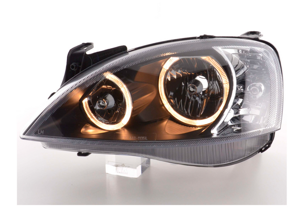 FK Set Opel Corsa C 01–06 LED DRL Devil Eye Projektorscheinwerfer Schwarz Ed LHD