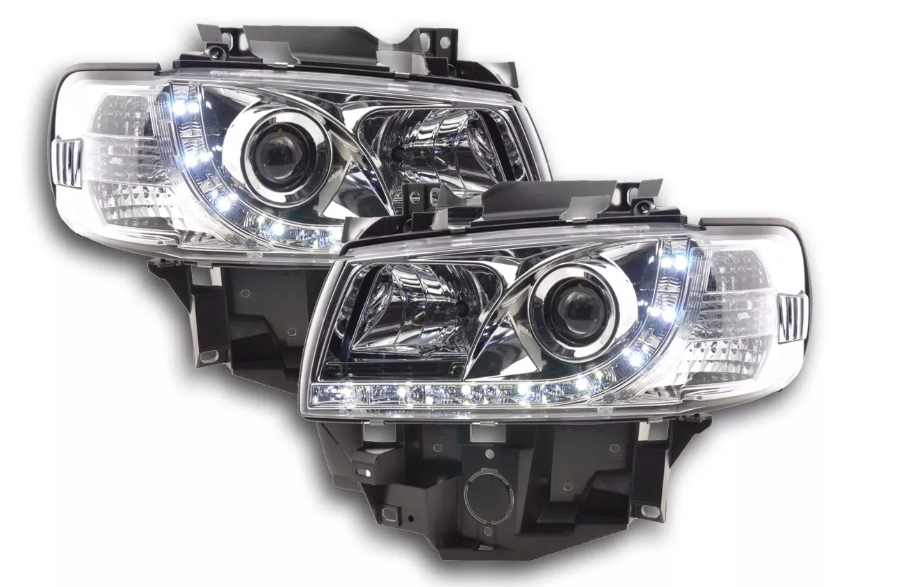 FK Set LED DRL Halo Eye Projector Headlights VW Transporter T4 96-03 Chrome RHD