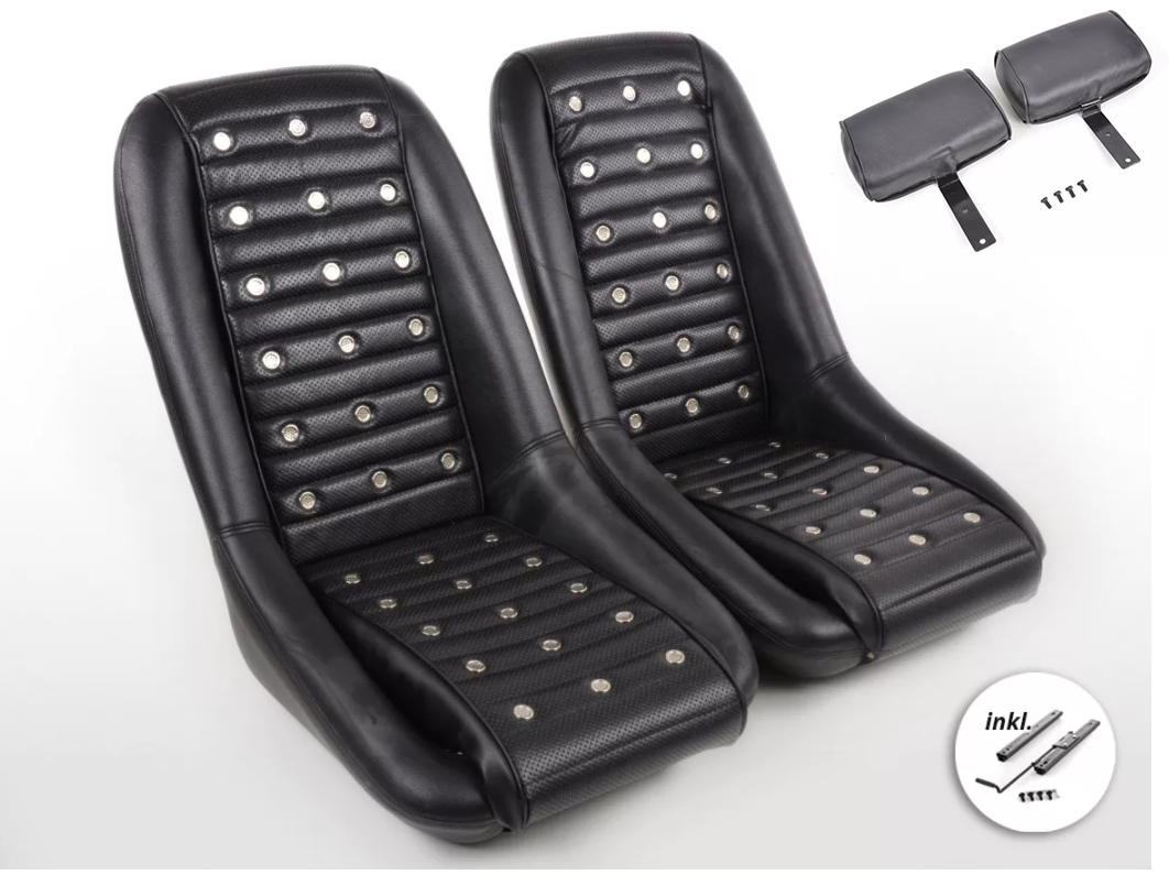 Black Studded Classic Car Retro Kit Speedster Sports Bucket Seats inc Headrests & slide runners for Classic Custom Kit Retro Resto Cars