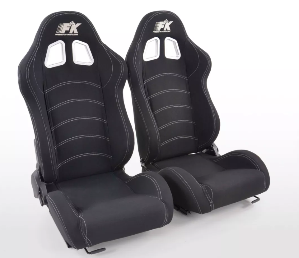 FK Universal Black Textile White Stitch Bucket Sports Seats +Runners 4x4 Van Car