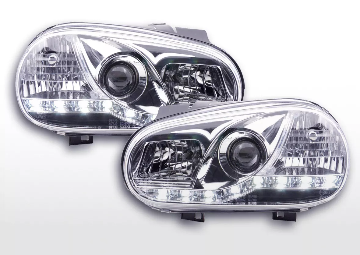 FK LED DRL Angel Eye Projector Headlight set VW Golf 4 MK4 1J 97-03 chrome RHD