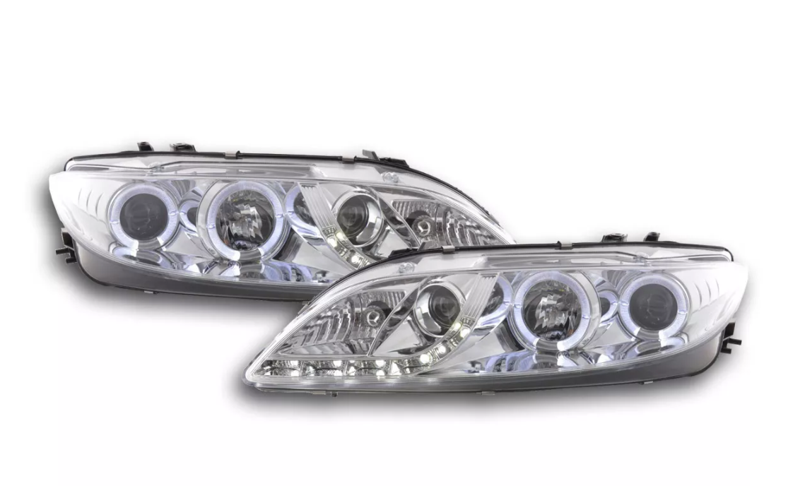 FK LED DRL Angel Eye Projector Headlights Mazda 6 Saloon 02-07 Chrome GG GY GG1