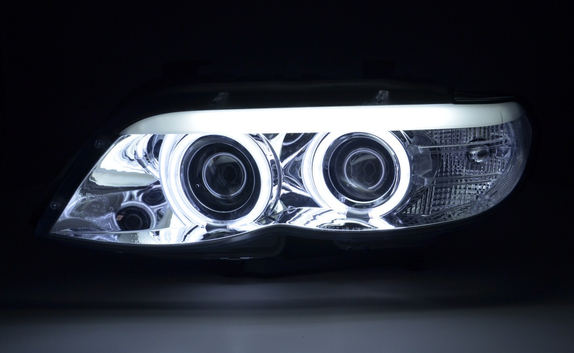 FK Pair LED DRL Projector Halo headlights BMW X5 X5 E53 03-06 chrome LHD