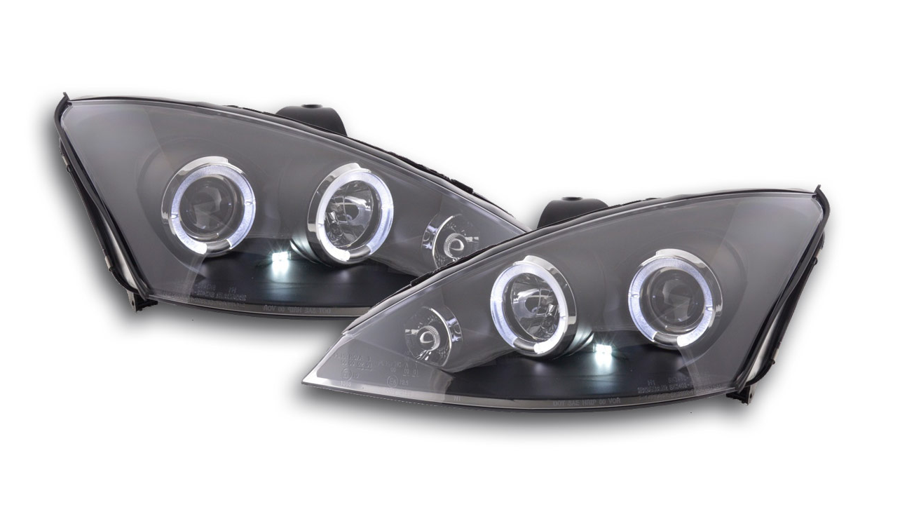 FK LED DRL Angel Eye Projector Headlight Ford Focus 00-04 black C170 MK1 LHD