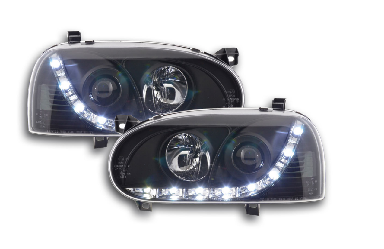 FK Paar LED DRL Projektorscheinwerfer VW Golf 3 MK3 1HXO 1EXO 91-97 schwarz RHD