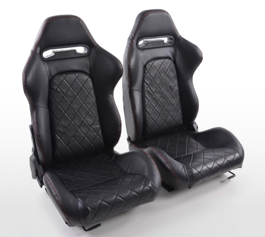 FK Universal Black Reclining Bucket Sports Seats Lux Quilted Synthetic Leather