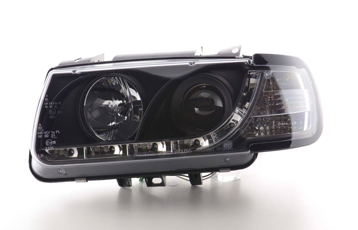 FK Paar LED DRL Halo Eye Projektor Schwarze Scheinwerfer VW Polo 6N 94-99 schwarz LHD 