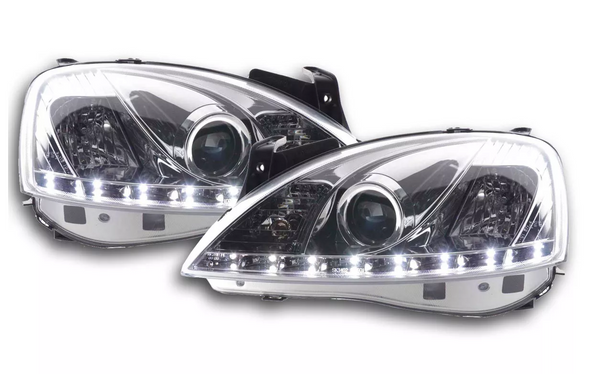 FK LED DRL Lightbar Halo Eye Projector headlights Opel Corsa C 01-06 chrome LHD