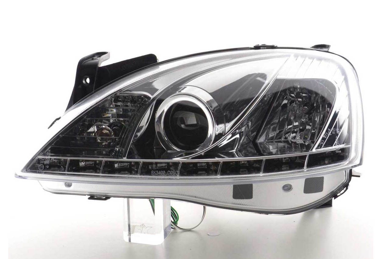 FK LED DRL Lightbar Halo Eye Projector headlights Opel Corsa C 01-06 chrome LHD