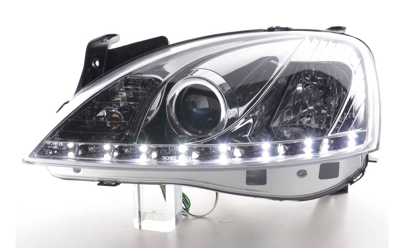 FK LED DRL Lightbar Halo Eye Projector headlights Opel Corsa C 01-06 chrome LHD