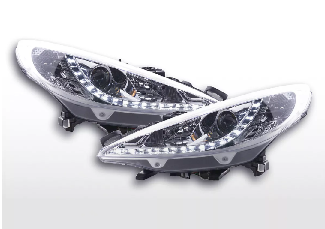 FK Set LED DRL Lightbar Projector headlights Peugeot 207 06+ chrome LHD