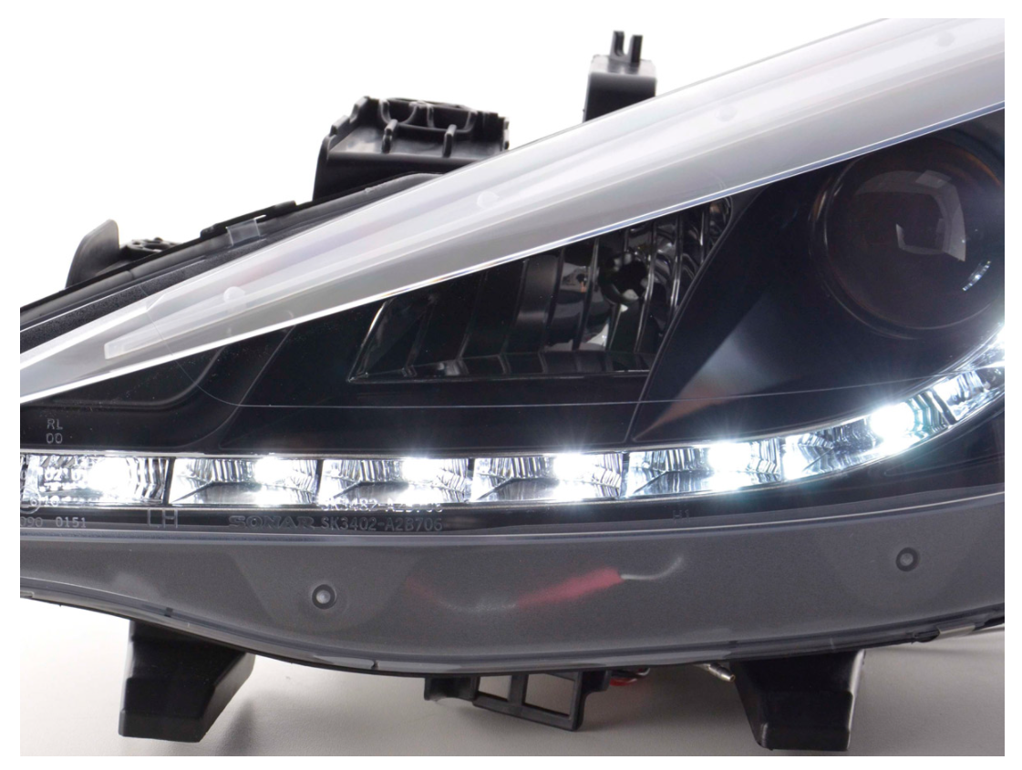 FK Set LED DRL Lichtleiste Halo Projektor Scheinwerfer Peugeot 207 06+ Schwarz LHD