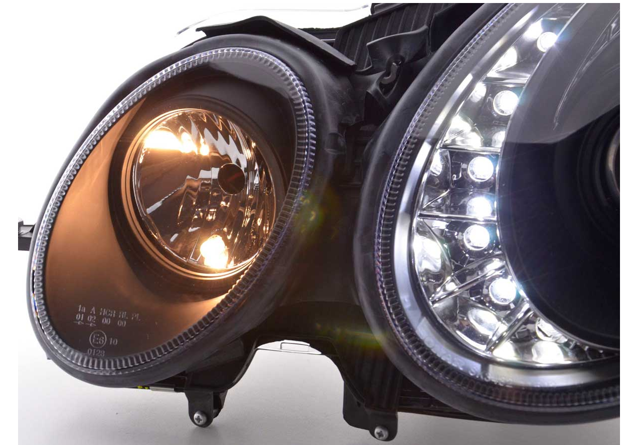 FK LED DRL Angel Eye Projector Headlight set Mercedes E-Class 211 02-06 black