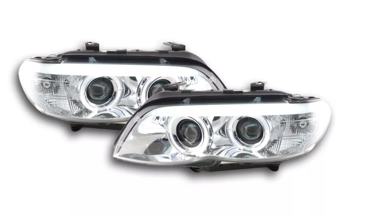 FK Pair LED DRL Projector Halo headlights BMW X5 E53 03-06 chrome LHD XENON