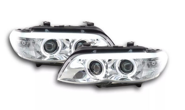 FK Pair LED DRL Projector Halo headlights BMW X5 E53 03-06 chrome LHD XENON