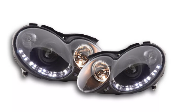 FK LED DRL Angel Eye Projektor-Scheinwerfer-Set Mercedes CLK W209 04–09, Schwarz, LHD