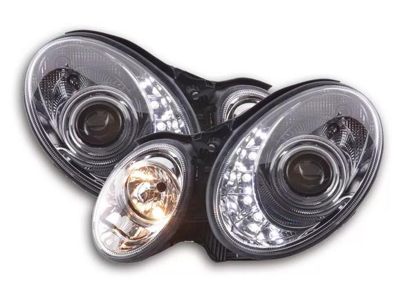 FK LED Headlights LED DRL Projector Mercedes E-Class type W211 02-06 chrome LHD