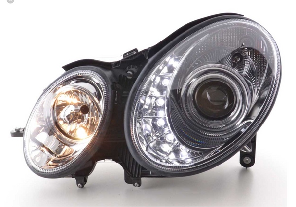 FK LED Headlights LED DRL Projector Mercedes E-Class type W211 02-06 chrome LHD