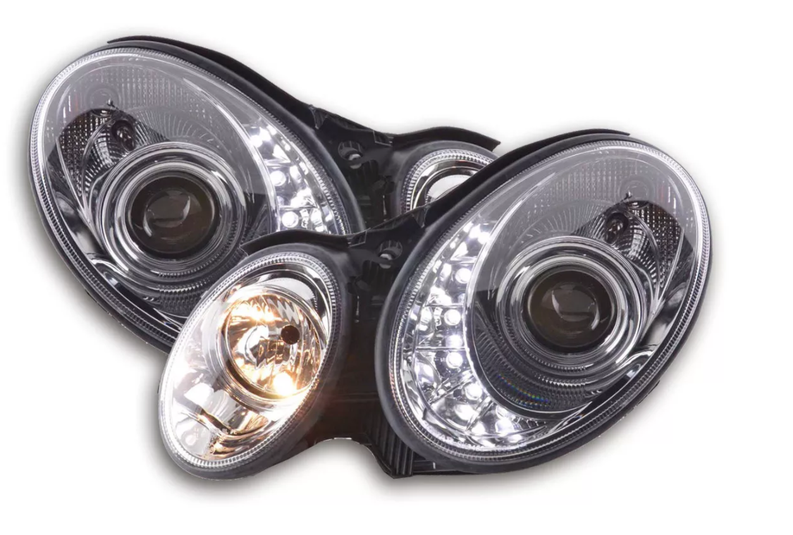 FK LED Headlights LED DRL Projector Mercedes E-Class type W211 02-06 chrome LHD