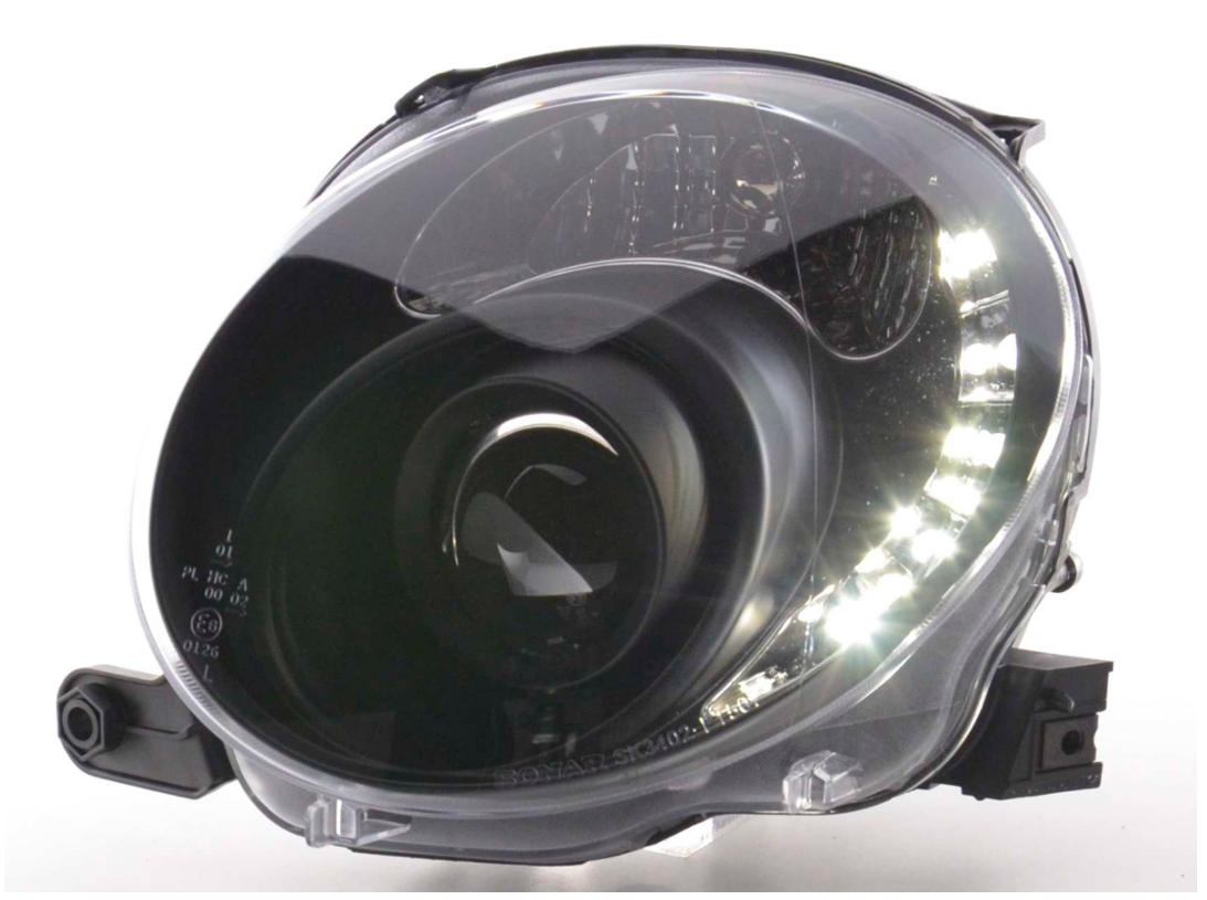 FK LED DRL Angel Eye Projektorscheinwerfer Fiat 500 07- schwarz LHD 