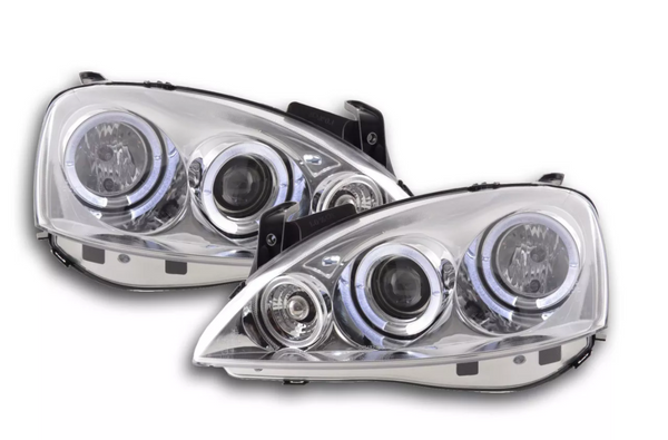 FK LED DRL Angel Eye Projector headlights Opel Corsa C 01-06 chrome LHD