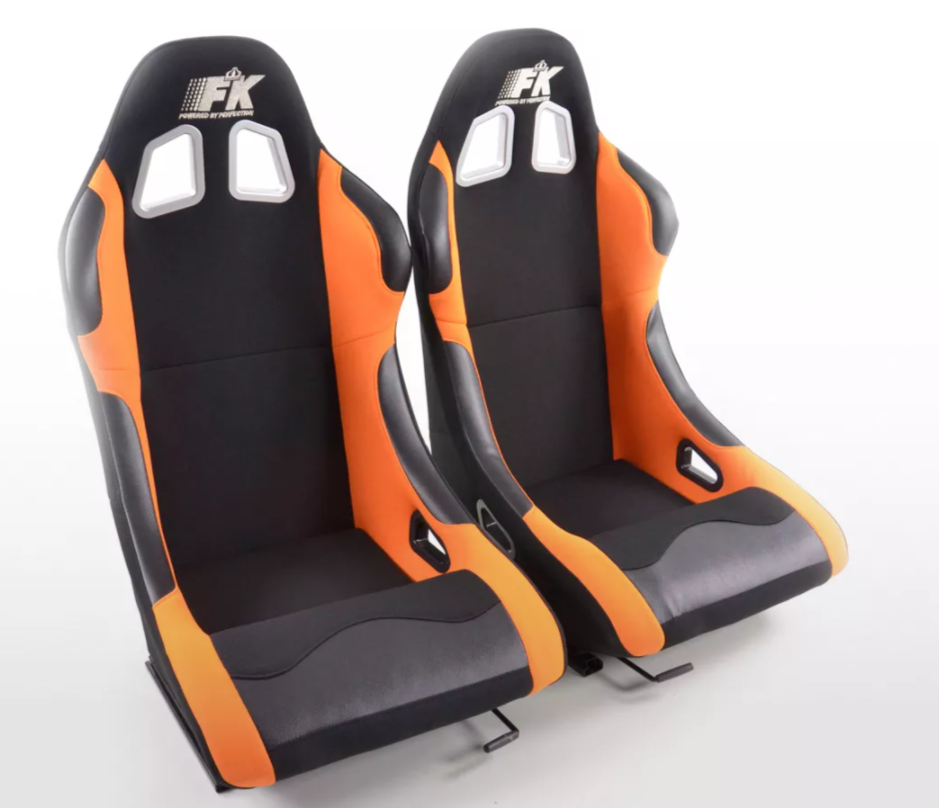FK Universal Fixed Back Bucket Seats & slide runners Orange Track Drift Car 4x4