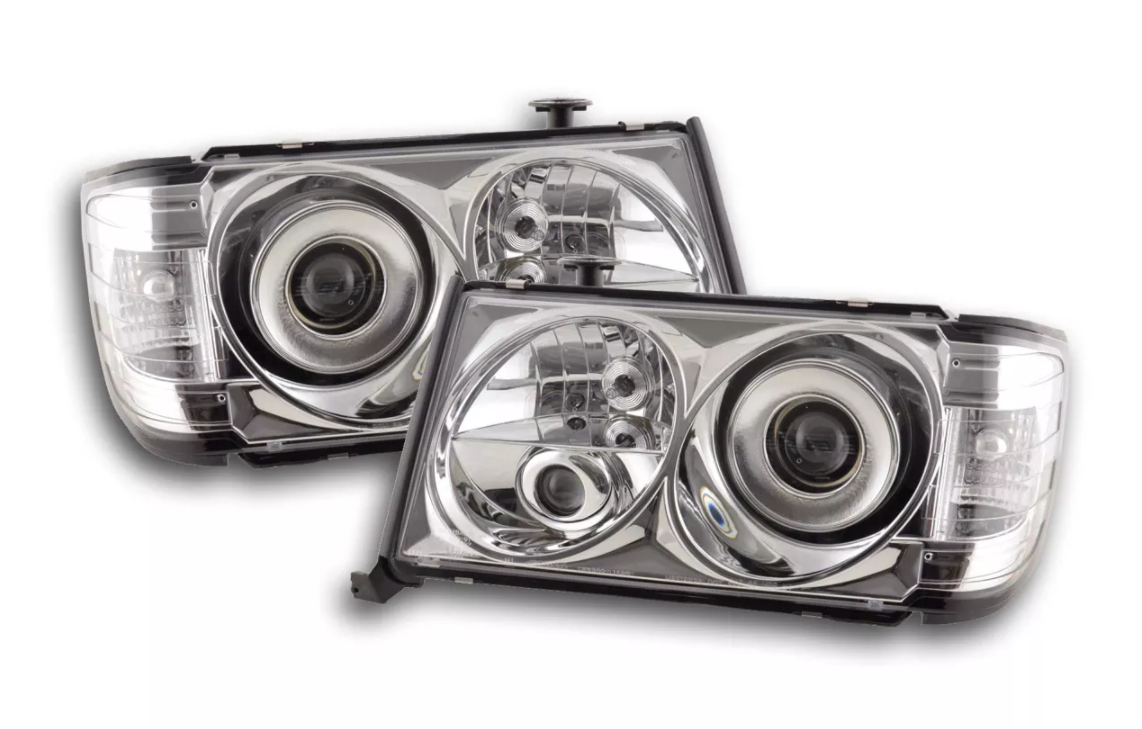 FK LED DRL Angel Eye Projector headlights Mercedes E-Class W124 85-93 chrome LHD