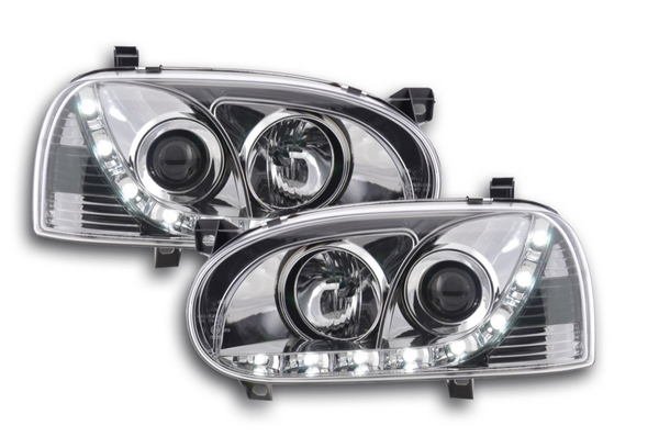 FK Paar LED DRL Projektorscheinwerfer VW Golf 3 MK3 91-97 Schwarz Chrom LHD 