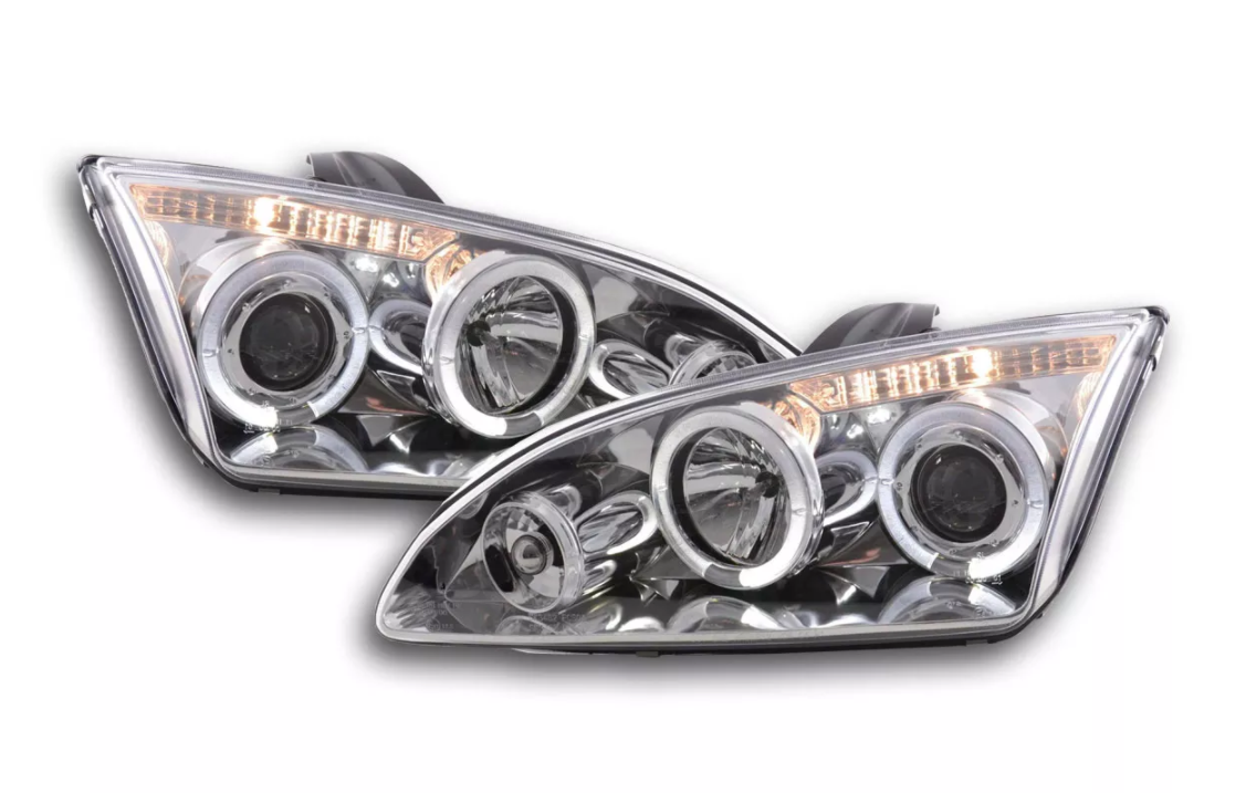 FK LED DRL Angel Eye Projector headlights Ford Focus 2 MK2 C307 05-08 chrome LHD