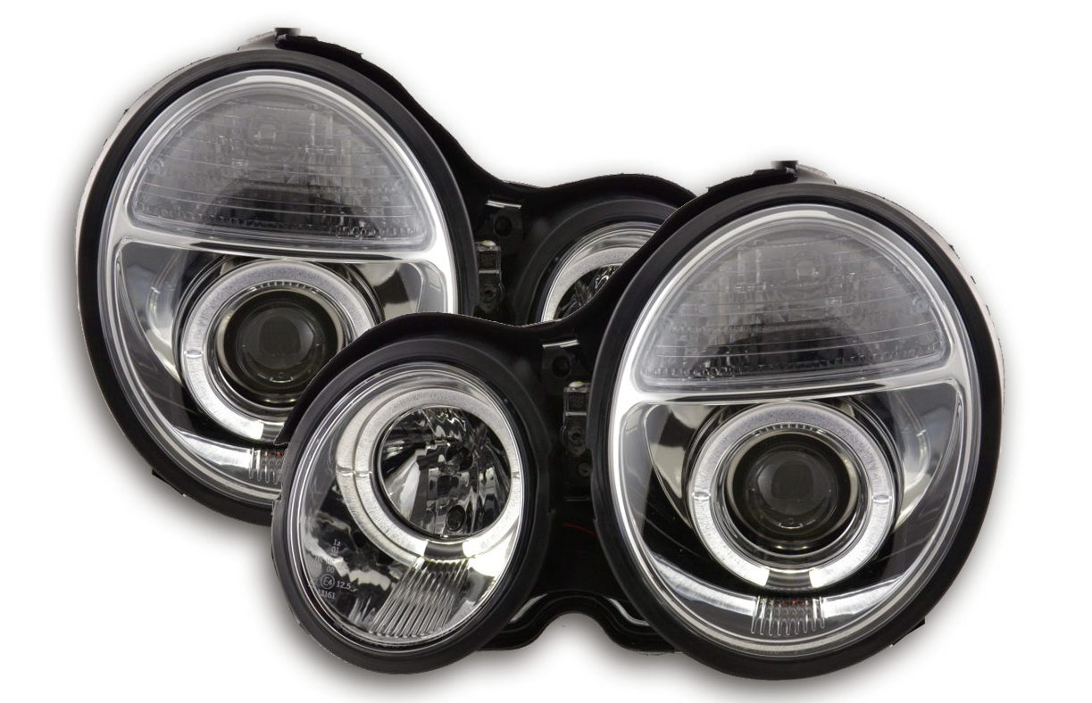 FK LED DRL Angel Eye Projector Headlights Mercedes E-Class W210 99-01 chrome LHD