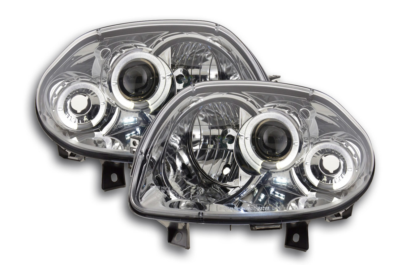 FK LED DRL Angel Eye Projector Headlight set Renault Clio B MK2 98-01 LHD Chrome