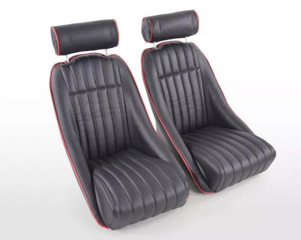 FK Pair Black Red Piping Classic Car Retro Kit Sports Fixed Back Bucket Seats