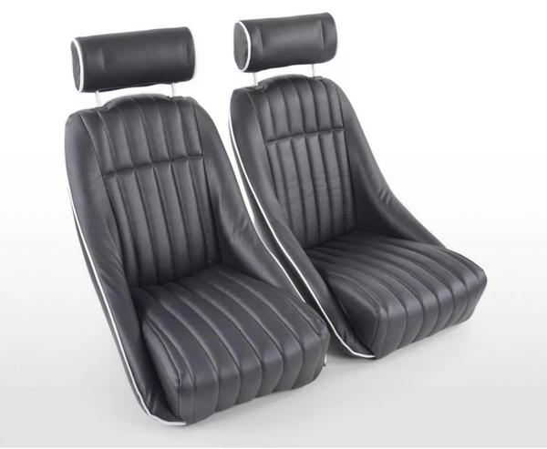 FK Pair Black White Piping Classic Car Retro Kit Sports Fixed Back Bucket Seats