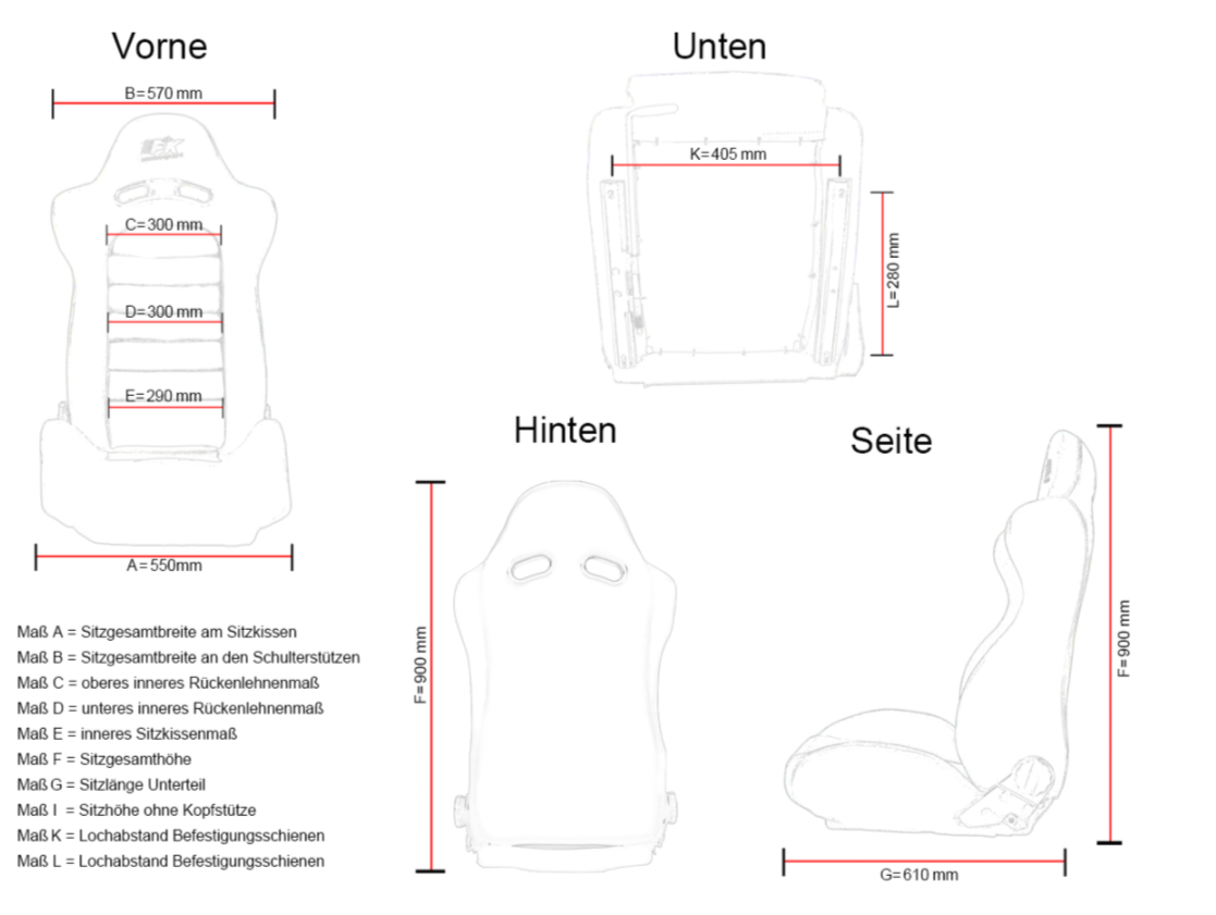 FK Universal-Vollschalensitze und Gleitschienen, Schwarz und Silber, Carbon Lux Sports