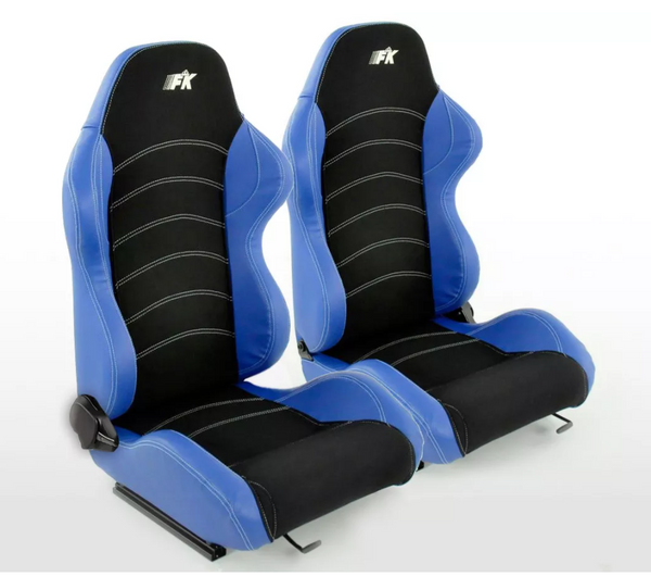 FK Universal Recline Bucket Sports Seats Black BLUE Stitch Car 4x4 Van Camper