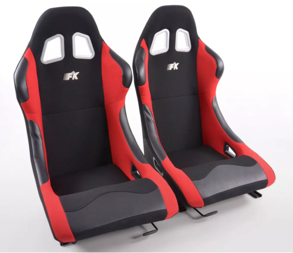 FK Universal Fixed Back Bucket Seats & slide runners RED Track Drift Car 4x4