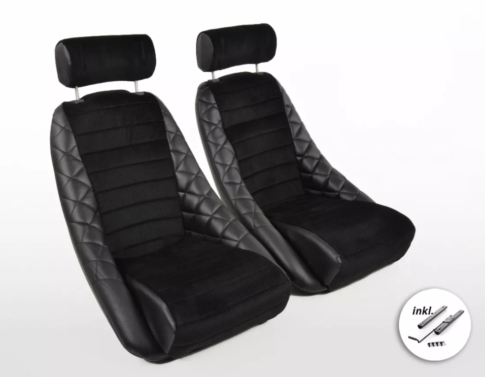 Black Quilted Classic Car Retro Kit Speedster Sports Car Fixed Bucket Seats