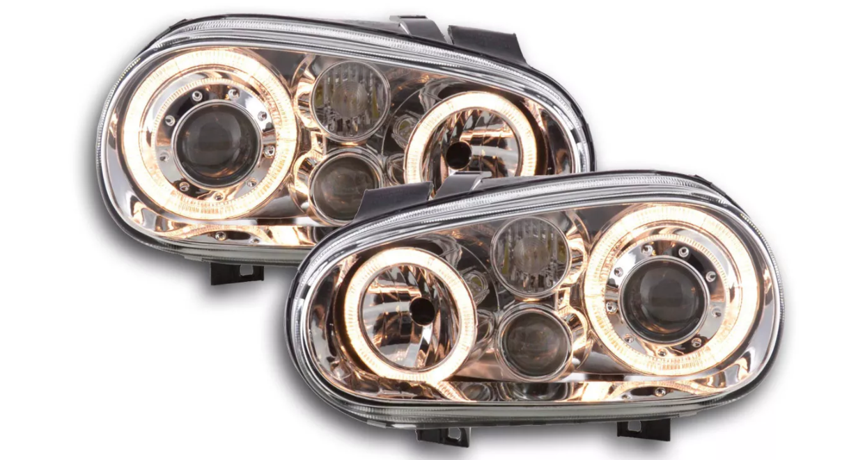 FK LED DRL Angel Eye Headlights set VW Golf 4 MK4 1J 98-03 chrome RHD & LHD