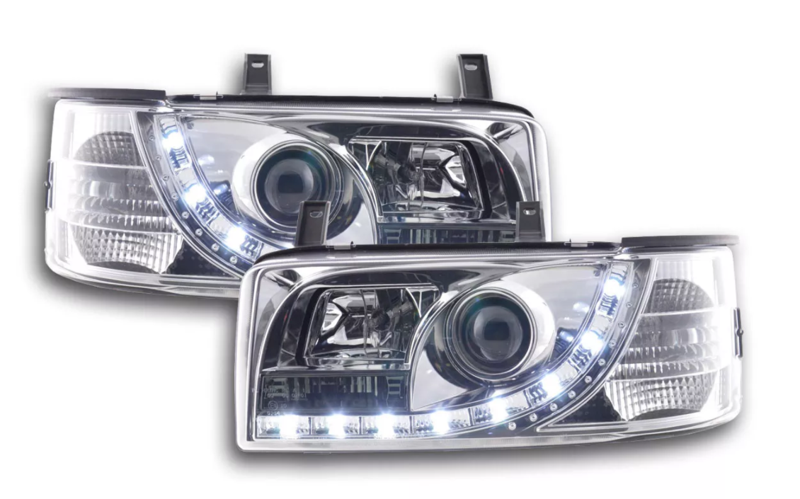 FK Set LED DRL Devil Eye Projector Headlights VW Transporter T4 90-96 chrome RHD