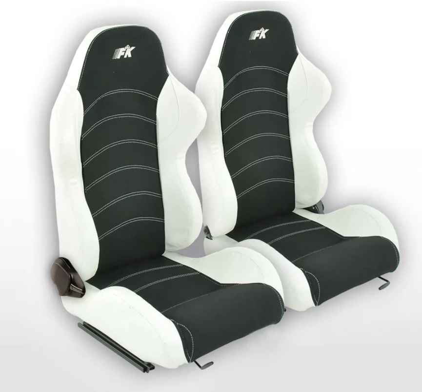 FK Universal Recline Bucket Sports Seats Black White Stitch Car 4x4 Van Camper