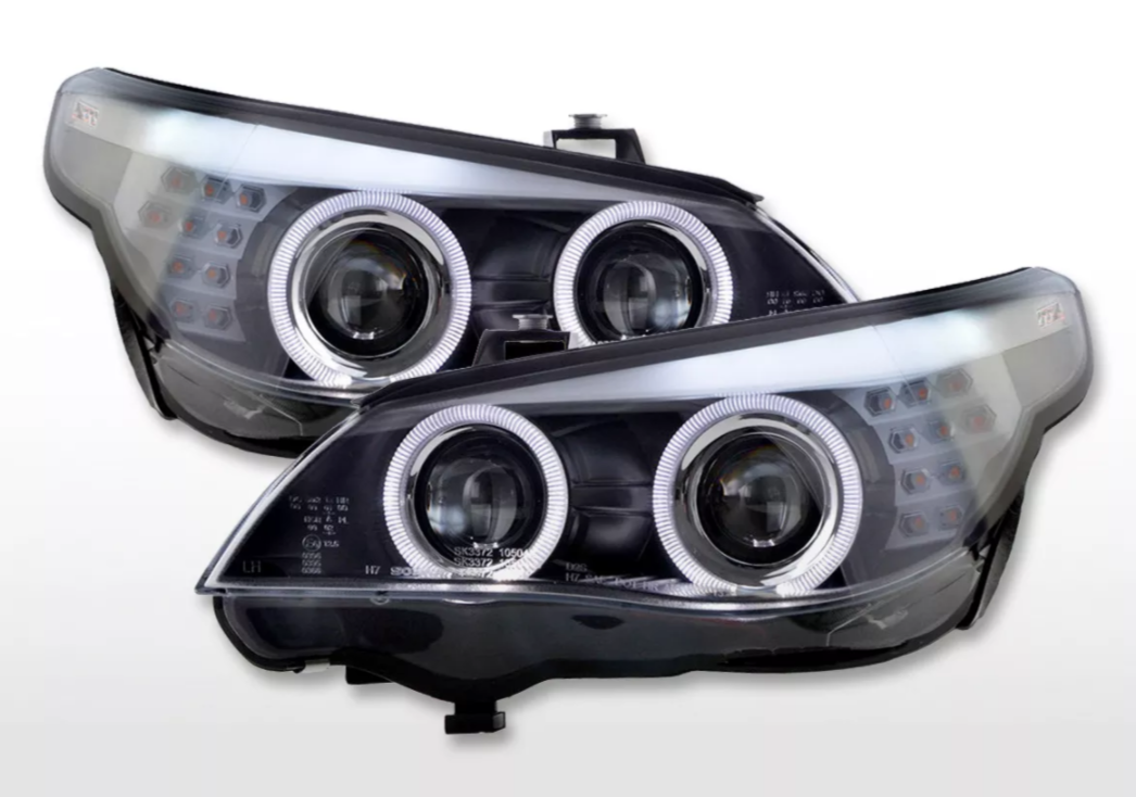 FK LED DRL Angel Eye Halo Ring Projector Headlights BMW 5-Series E60 E61 05-08 Black RHD - Right Hand Drive