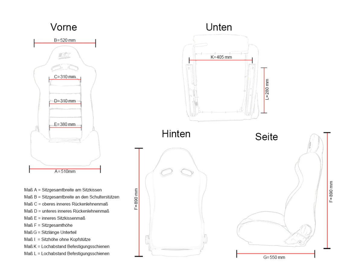 FK Universal-Vollschalen-Sportsitze / feste Rückenlehne / Motorsport / schwarzer Stoff