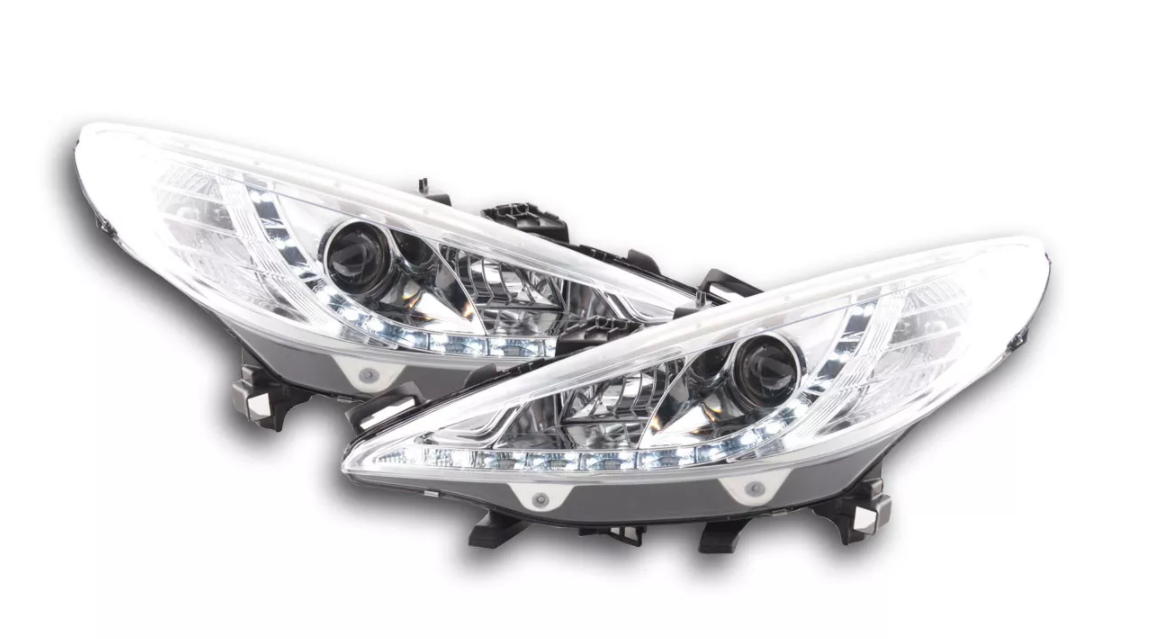 FK Set LED DRL Lightbar Projector Halo Headlights Peugeot 207 2006+ Chrome RHD