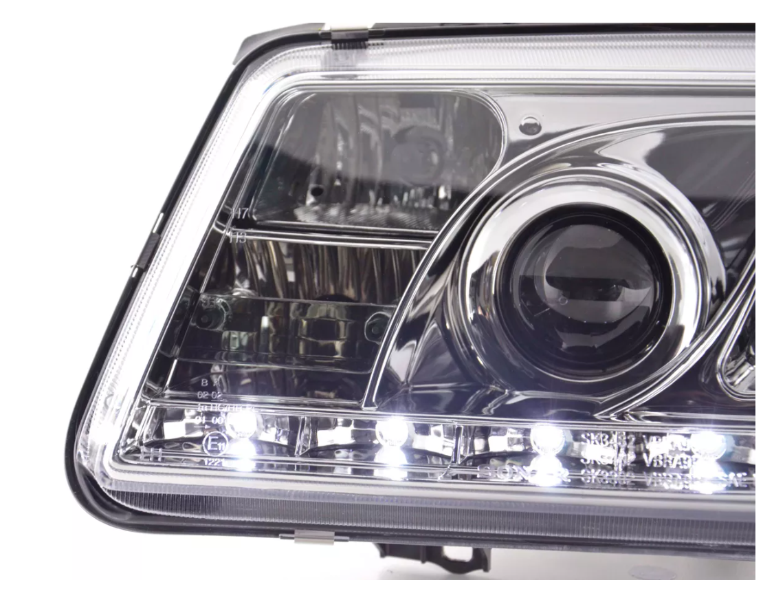 FK LED DRL Angel Eye Projector Headlight set VW Bora 1J 99-04 chrome LHD