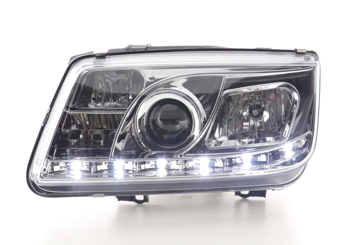 FK LED DRL Angel Eye Projector Headlight set VW Bora 1J 99-04 chrome LHD