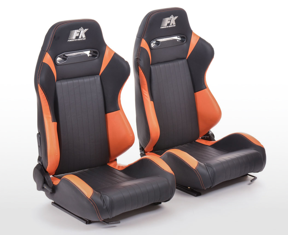 FK Univ Reclining Bucket Sports Seats Black & Orange Car 4x4 Van Camper Kit Car